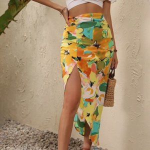 SHEIN VCAY Allover Floral Print Split Thigh Skirt XL (12)